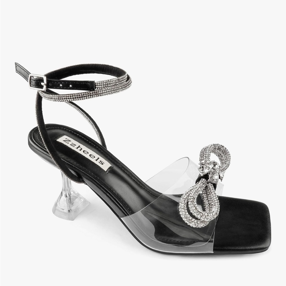 Zzheels Bowknots Crystal Sandals Clear Heels Square Toe Shoes Size 10.5 Black